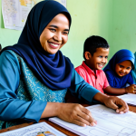 **

A Malaysian NGO worker, fully clothed in modest baju kurung, smiling warmly while assisting a Rohingya refugee family (mother, father, child) in a community center in Kuala Lumpur. The family is also fully clothed in modest attire. The background shows educational materials and children's drawings.  Safe for work, appropriate content, family-friendly, professional, perfect anatomy, correct proportions, natural pose, well-formed hands, proper finger count, natural body proportions, high quality, professional photography.

**