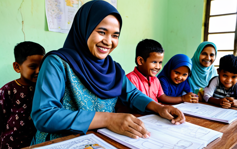 **

A Malaysian NGO worker, fully clothed in modest baju kurung, smiling warmly while assisting a Rohingya refugee family (mother, father, child) in a community center in Kuala Lumpur. The family is also fully clothed in modest attire. The background shows educational materials and children's drawings.  Safe for work, appropriate content, family-friendly, professional, perfect anatomy, correct proportions, natural pose, well-formed hands, proper finger count, natural body proportions, high quality, professional photography.

**
