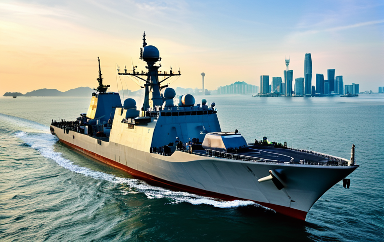 **

A modern Malaysian naval vessel (e.g., a Lekiu-class frigate) patrolling the Strait of Malacca at dawn. The ship is fully visible, showcasing its advanced radar and weaponry systems. The background includes the coastline of Malaysia with lush greenery and a hint of the Kuala Lumpur skyline in the distance. Include some traditional fishing boats in the foreground. The overall feel should be professional and reassuring. "Safe for work," "appropriate content," "fully clothed crew visible on deck," "perfect anatomy of ship," "natural proportions," "professional naval photography," "high quality," "modest representation," "family-friendly."

**